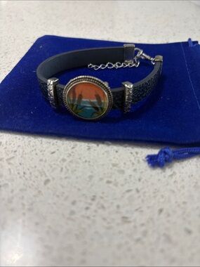 Women’s Black Leather Bracelet with Sunset Medallion